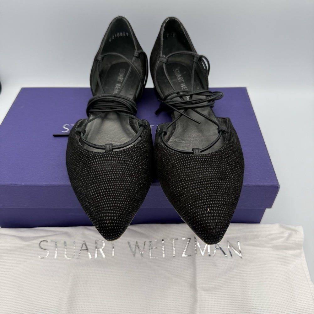 Stuart Weitzman Gilligan Black Suede‎ D'Orsay Lace Up Ballet Flats Size 7.5